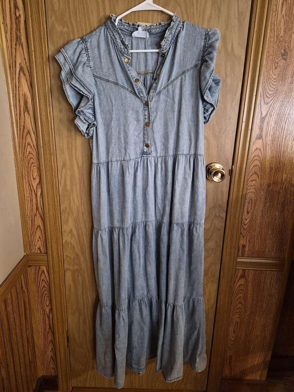eesome Light Blue Denim Tiered Maxi Dress with Ruffle Sleeves